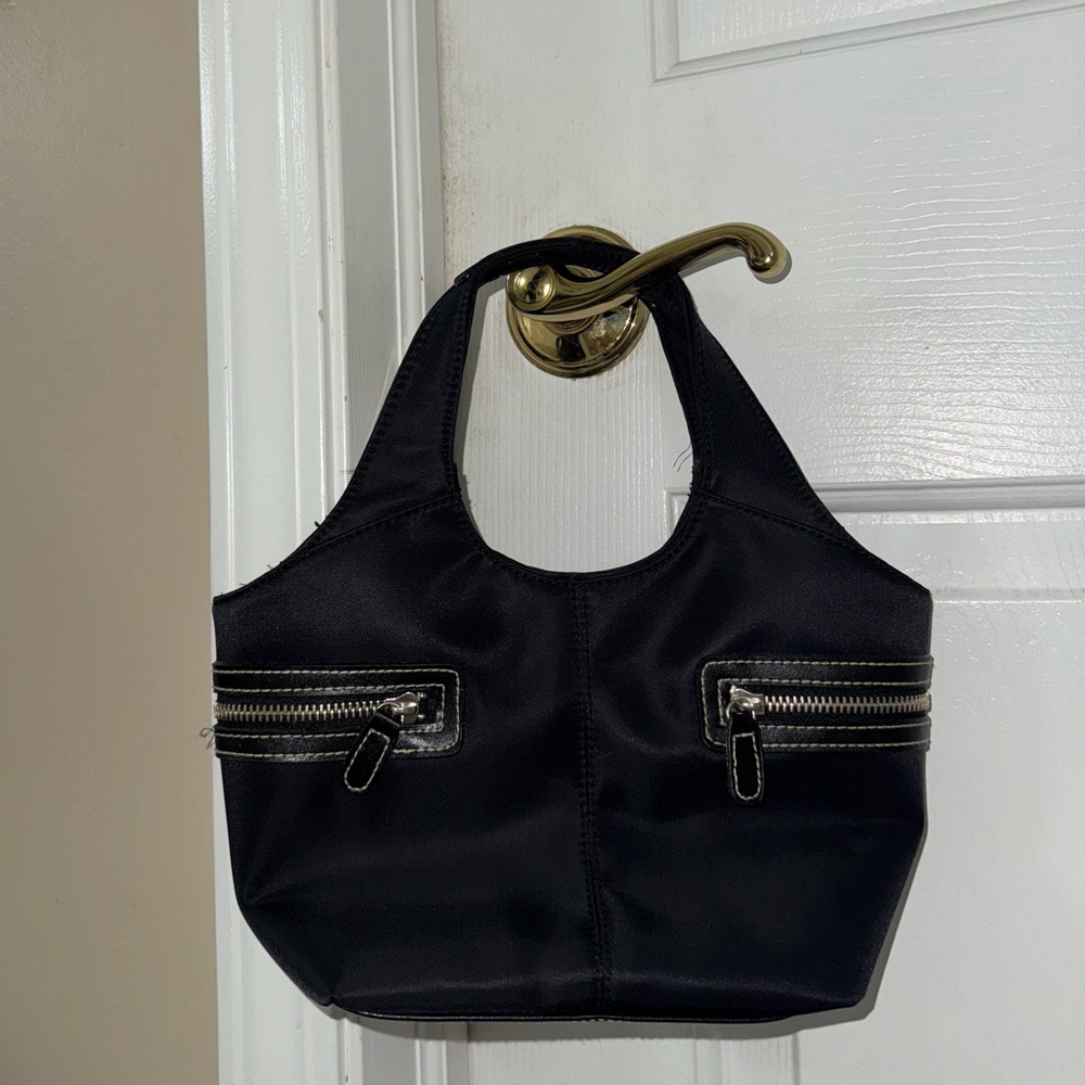 Mini Black Handbag with Zipper Accents and White Stitching